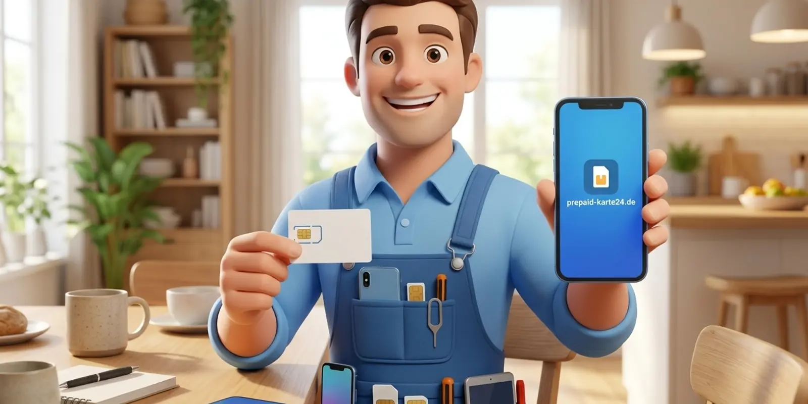 Person mit Smartphone und SIM-Karte am Tisch